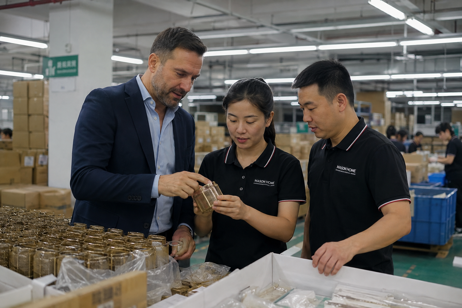 Inspección de producto en una fábrica china, con un profesional europeo y personal local trabajando juntos.