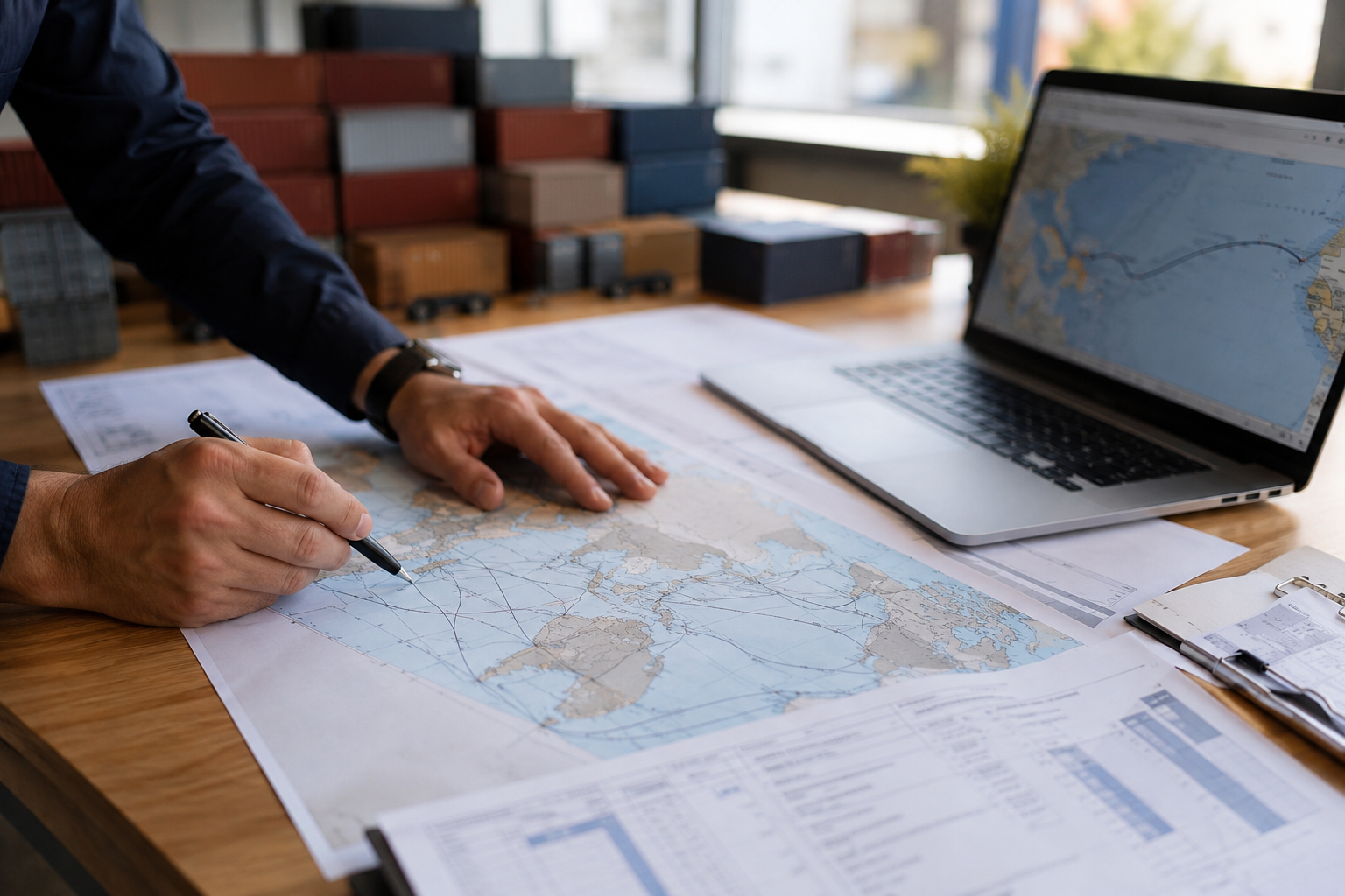 Manos revisando un mapa y documentos de envío sobre un escritorio.