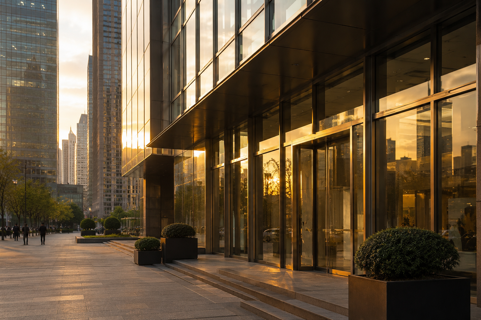 Fachada de un edificio de oficinas moderno al atardecer.