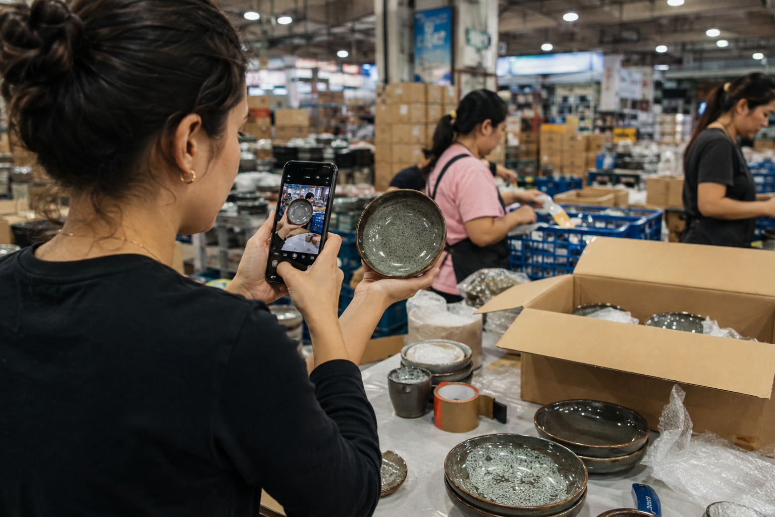 Producto siendo fotografiado para una tienda online en un entorno de negocio en China
