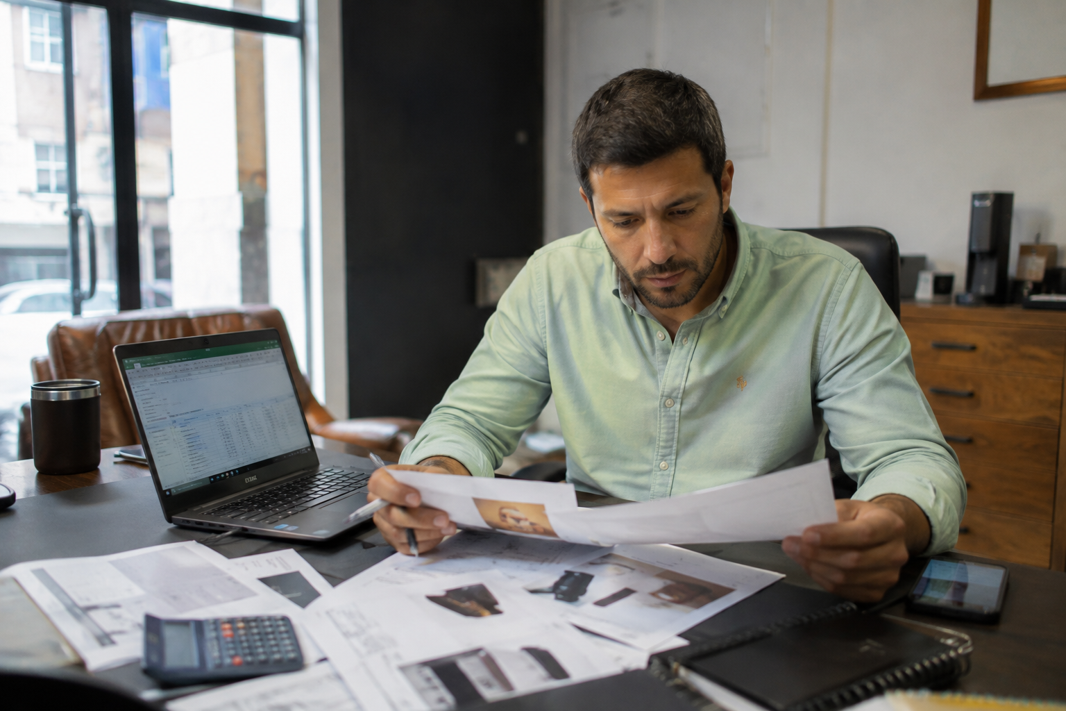 Empresario revisando documentación de proveedores antes de tomar una decisión