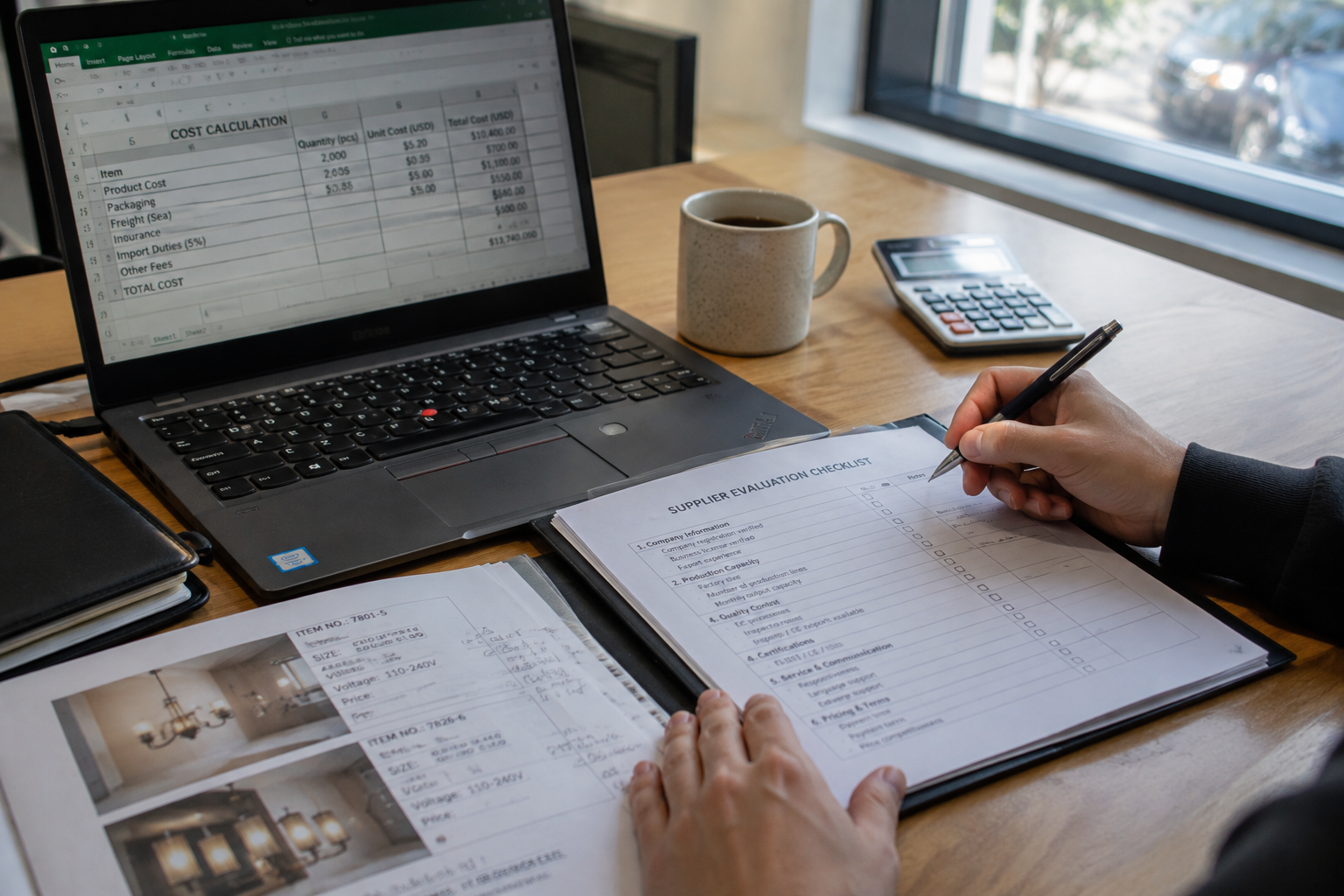 Persona usando una checklist y una calculadora para preparar una compra en China