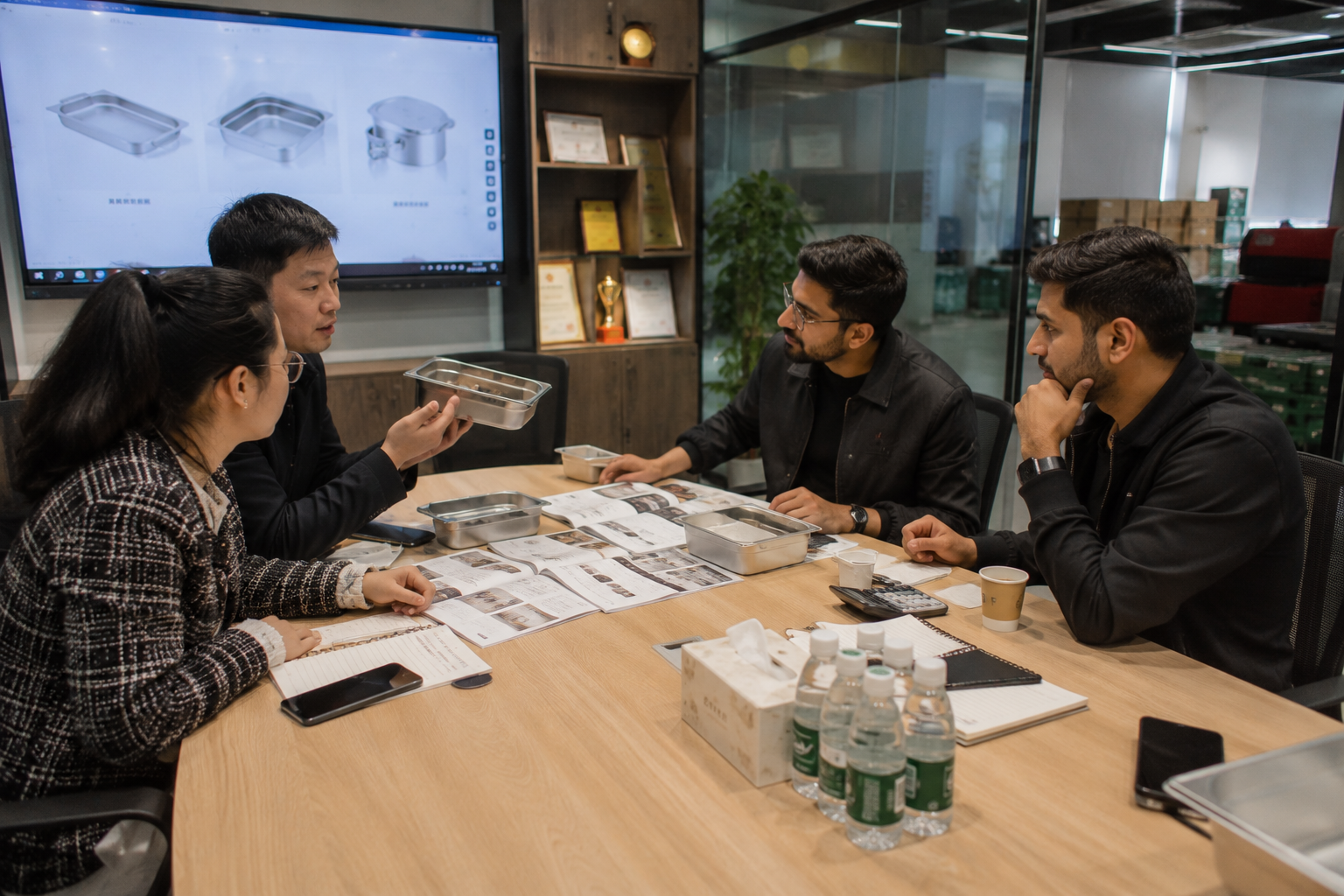 Equipo de SoluZen reunido con un proveedor en una fábrica en China