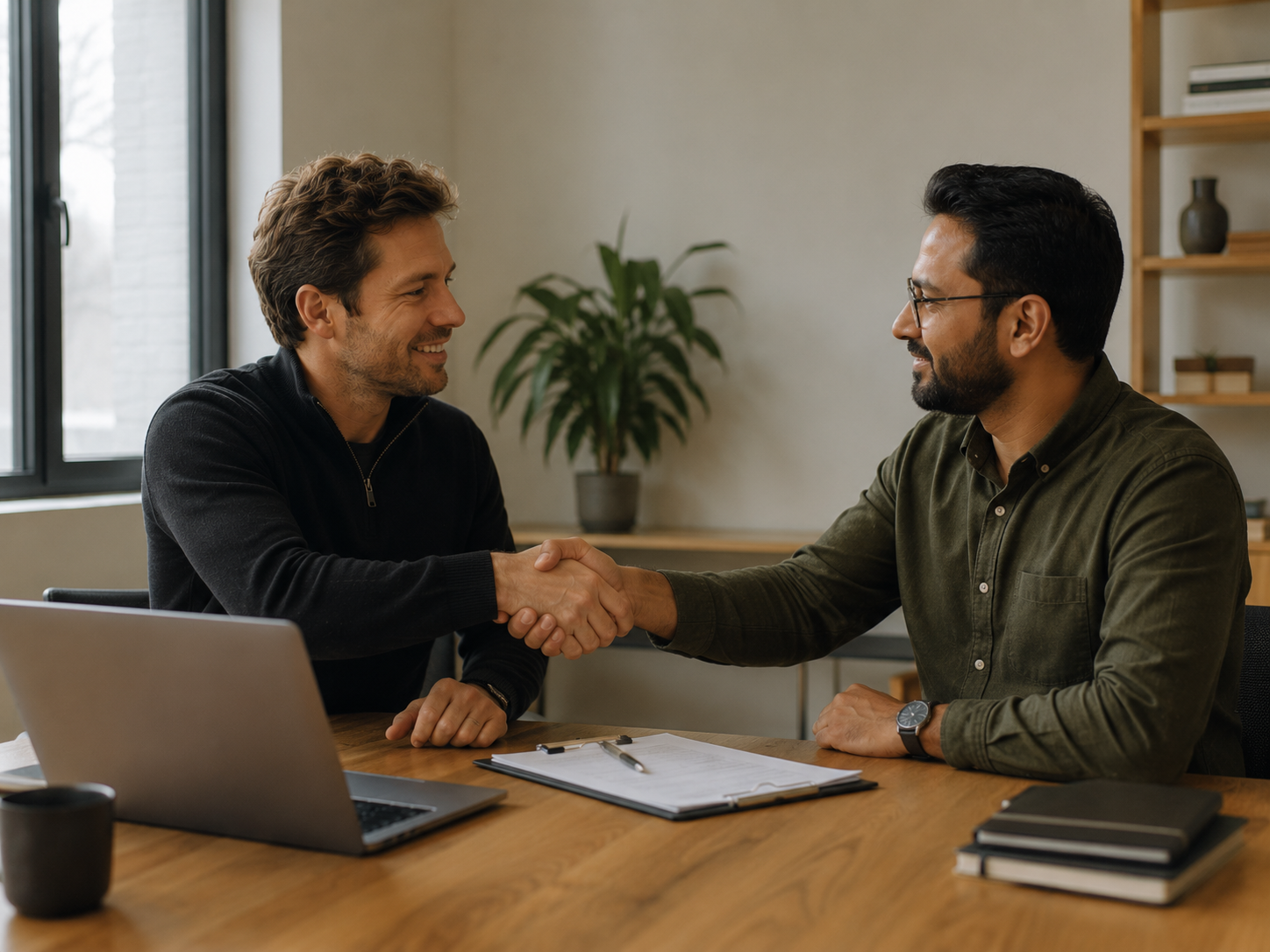 Cliente y equipo de SoluZen cerrando un acuerdo de colaboración