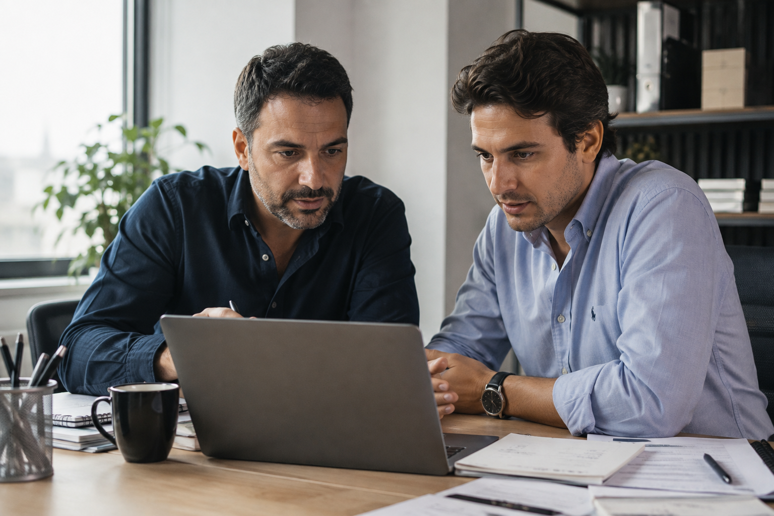 Consultor y cliente revisando una web moderna