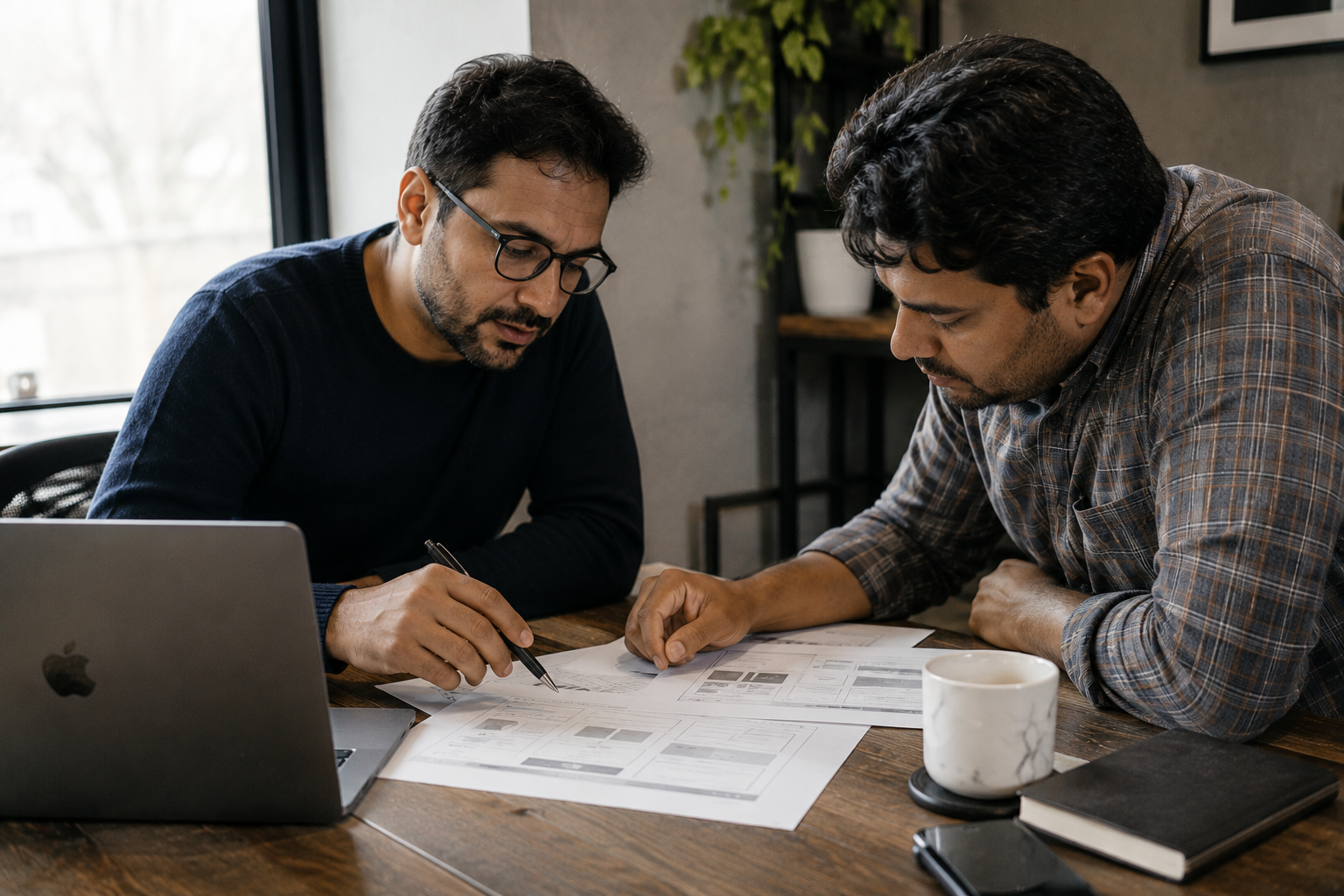 Consultor y cliente revisando un mockup de web