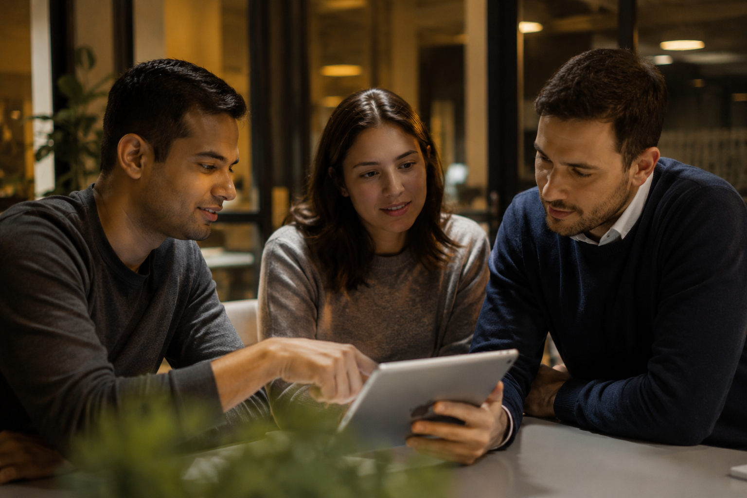 Pequeño equipo revisando una lista de clientes en una tablet