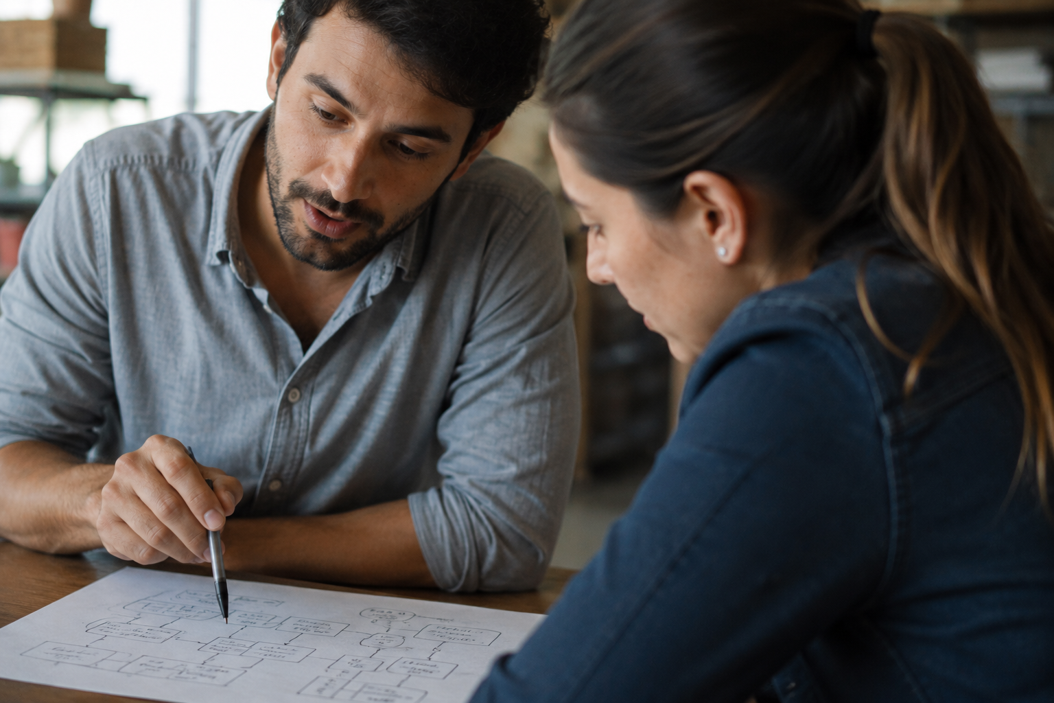Consultor y cliente revisando un flujo simple dibujado a mano