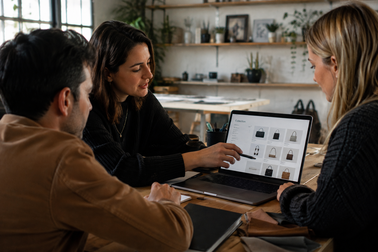 Equipo SoluZen revisando un catálogo de producto con el cliente
